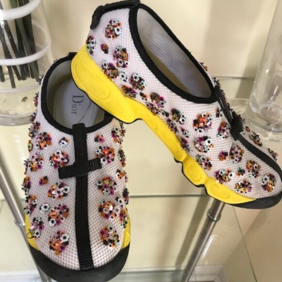 DIOR Vintage Fusion Embellished Beaded Floral Sneakers Shoe Slides Leather Mesh - Picture 2 of 13